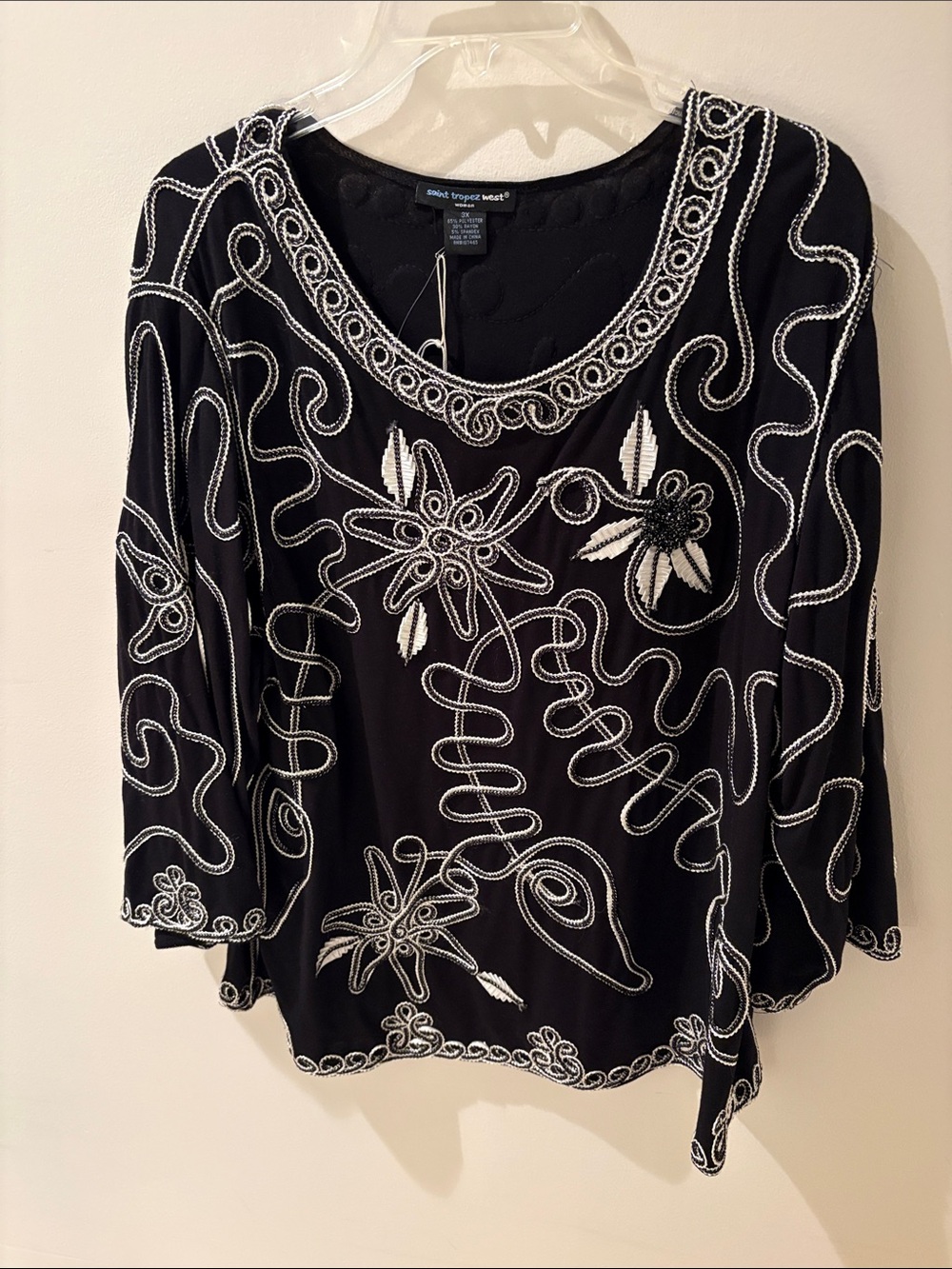 Alfani Black Scoop-Neck Top with White Embroidered Floral Swirls
